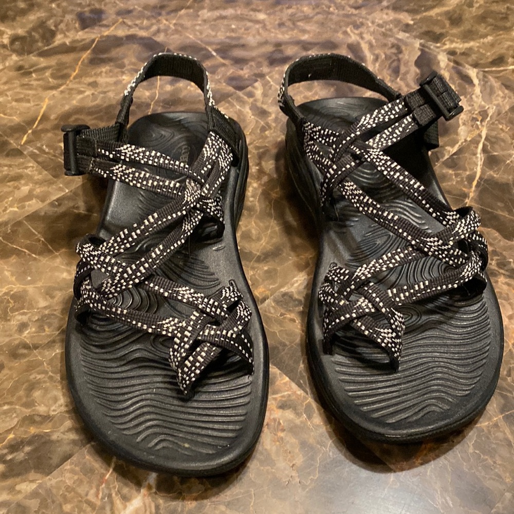 Chaco sandals, size W7, black & white. Barely used.